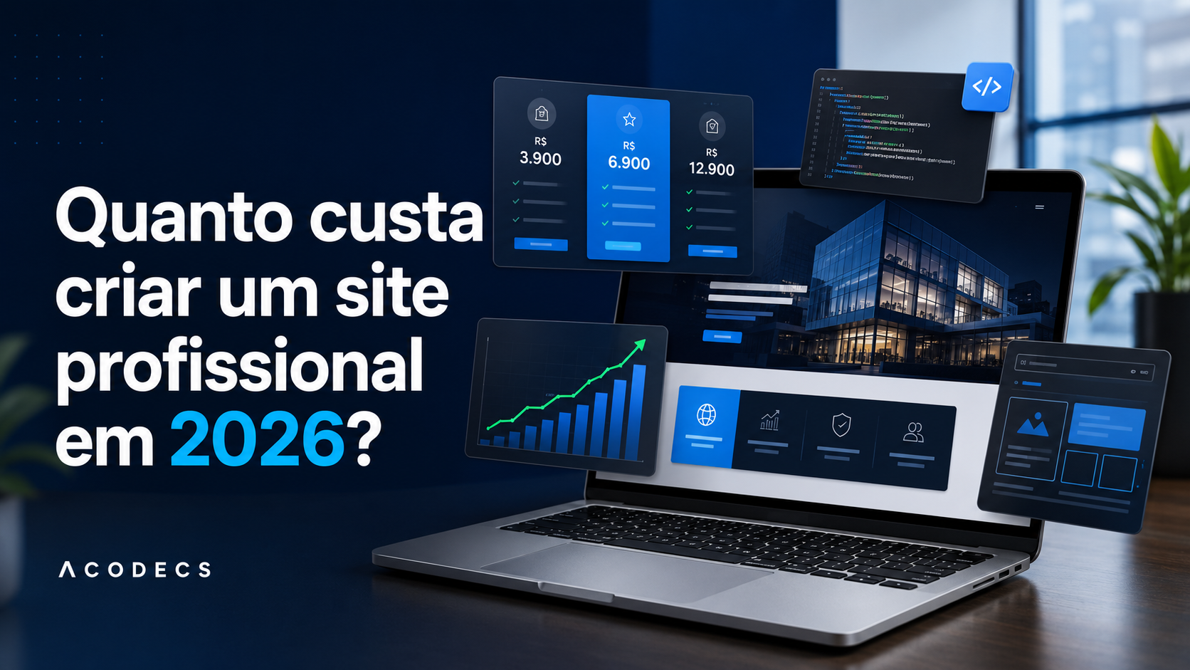 Quanto custa criar um site profissional em 2026 com notebook, orçamento e elementos de desenvolvimento web
